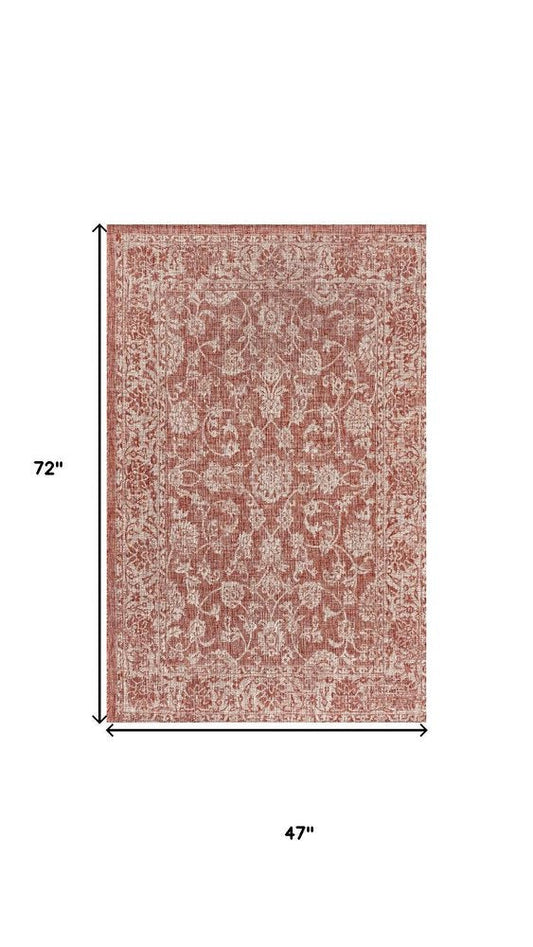 4' X 6' Red And Taupe Medallion Indoor Outdoor Area Rug