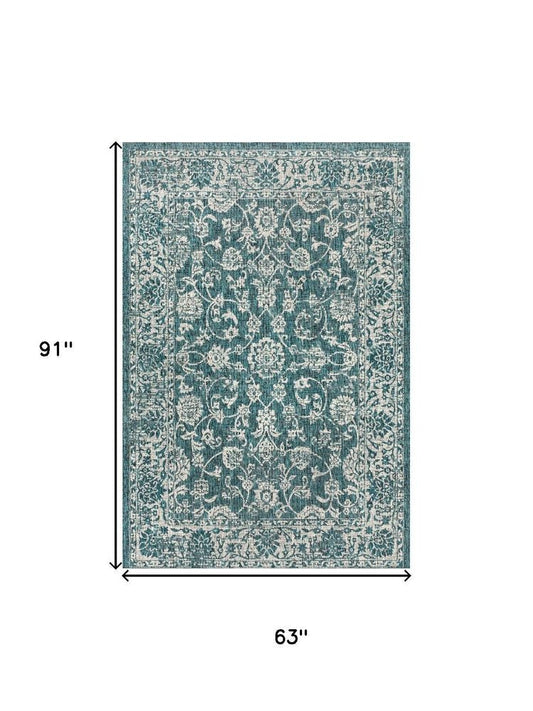 5' X 8' Teal Blue And Gray Medallion Indoor Outdoor Area Rug HomeRoots