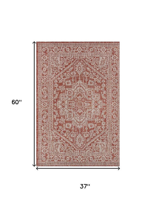 3' X 5' Red And Taupe Medallion Indoor Outdoor Area Rug