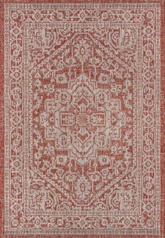 5' X 8' Red And Taupe Medallion Indoor Outdoor Area Rug