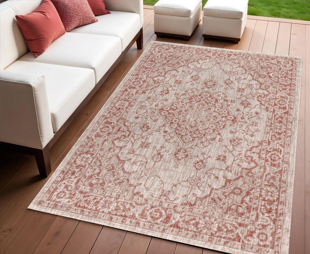 4' X 6' Red And Taupe Medallion Indoor Outdoor Area Rug HomeRoots