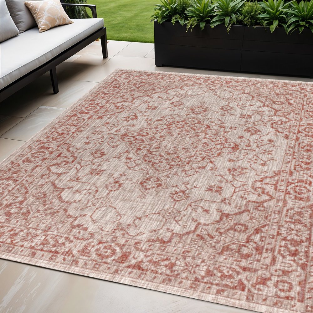 5' X 8' Red And Taupe Medallion Indoor Outdoor Area Rug HomeRoots