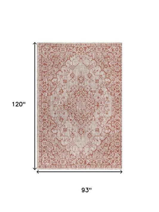 8' X 10' Red And Taupe Medallion Indoor Outdoor Area Rug