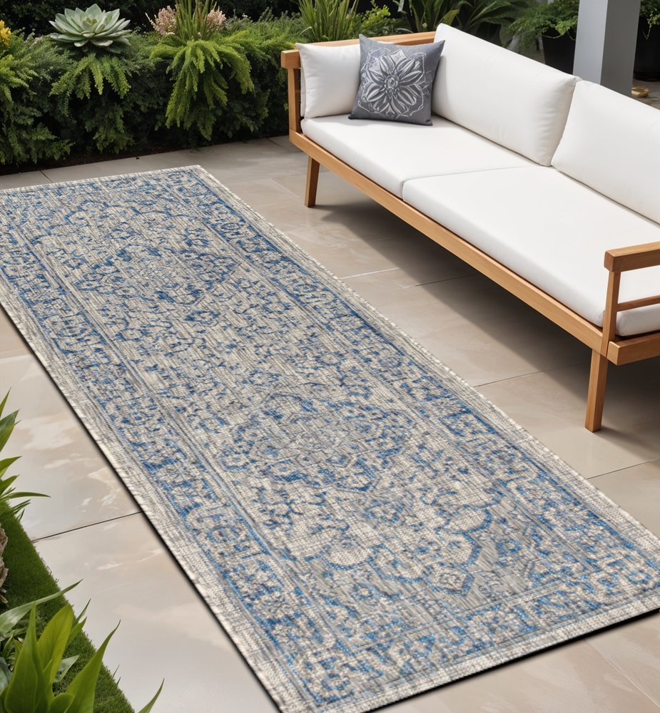 8' Gray And Navy Blue Medallion Indoor Outdoor Runner Rug HomeRoots