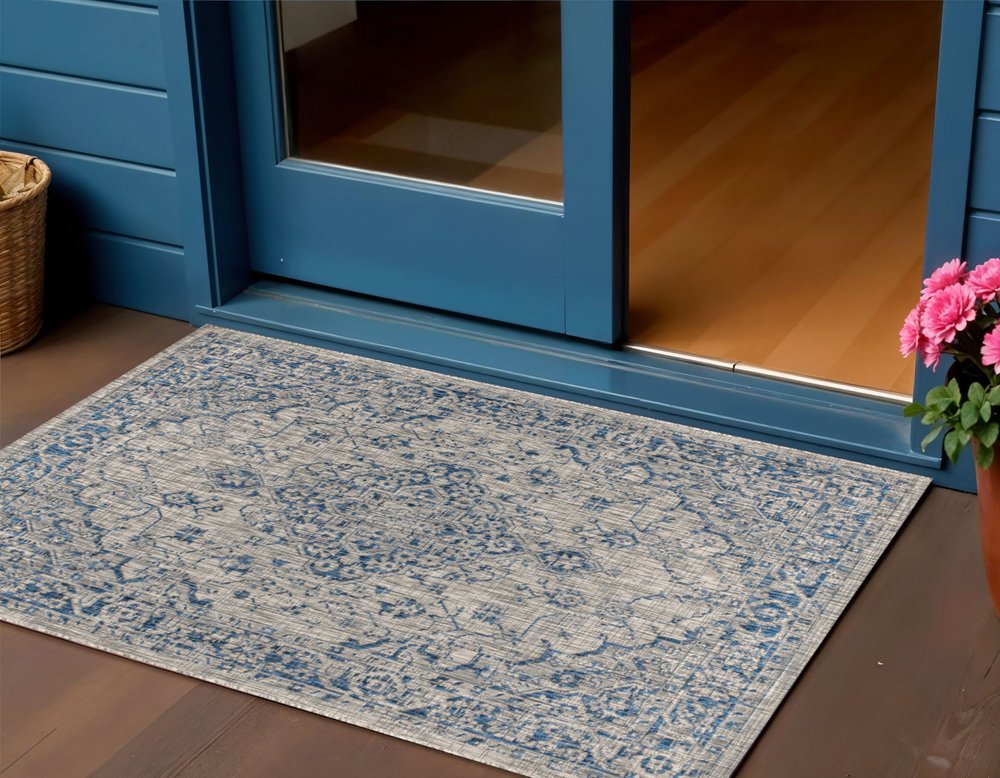 3' X 5' Gray And Navy Blue Medallion Indoor Outdoor Area Rug HomeRoots
