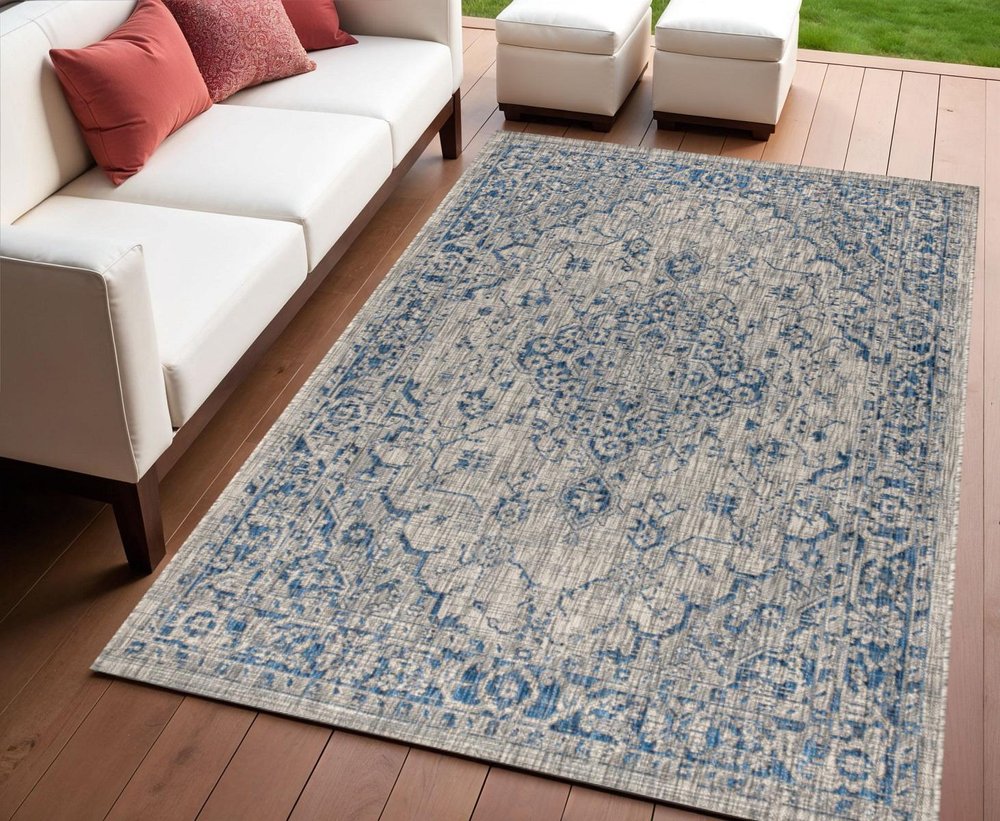 4' X 6' Gray And Navy Blue Medallion Indoor Outdoor Area Rug HomeRoots