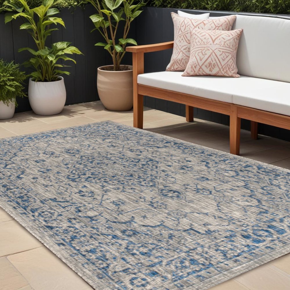 8' X 10' Gray And Navy Blue Medallion Indoor Outdoor Area Rug HomeRoots