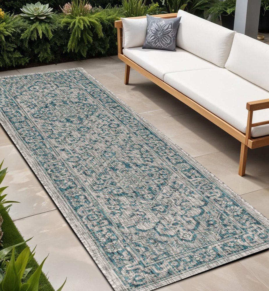 8' Gray And Teal Blue Medallion Indoor Outdoor Runner Rug HomeRoots
