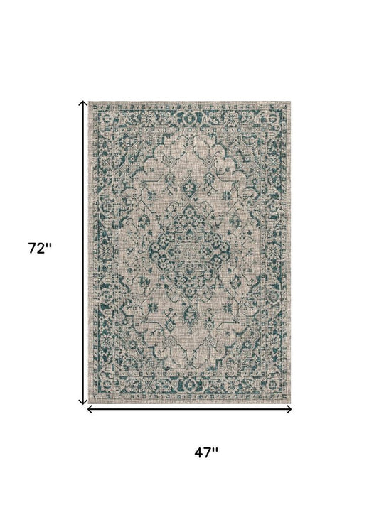 4' X 6' Gray And Teal Blue Medallion Indoor Outdoor Area Rug HomeRoots