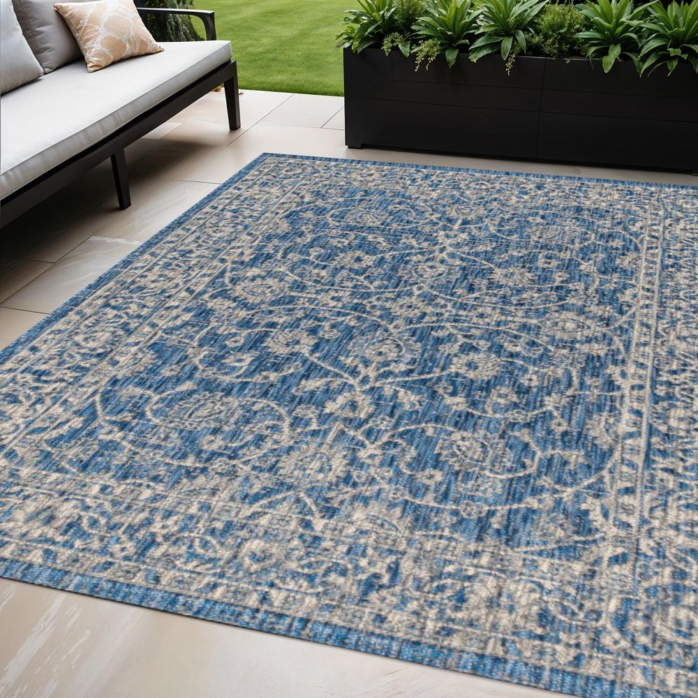 5' X 8' Navy Blue And Gray Medallion Indoor Outdoor Area Rug HomeRoots