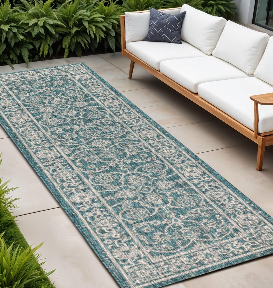 8' Teal Blue And Gray Medallion Indoor Outdoor Runner Rug HomeRoots