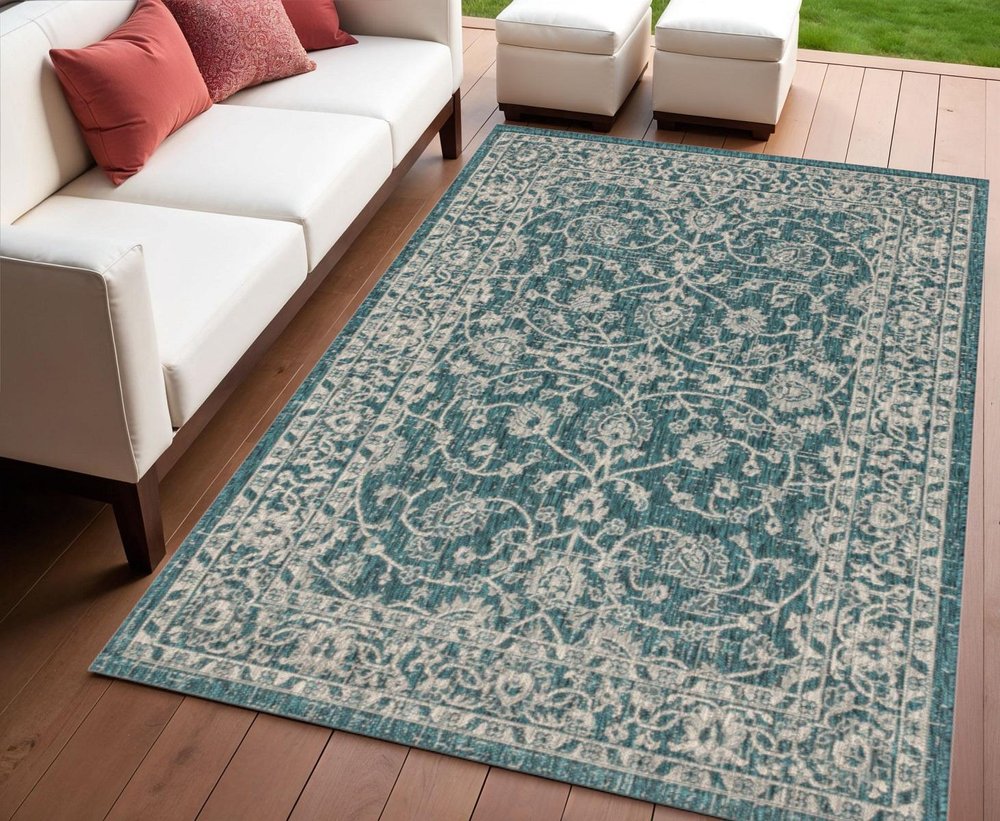 4' X 6' Teal Blue And Gray Medallion Indoor Outdoor Area Rug HomeRoots