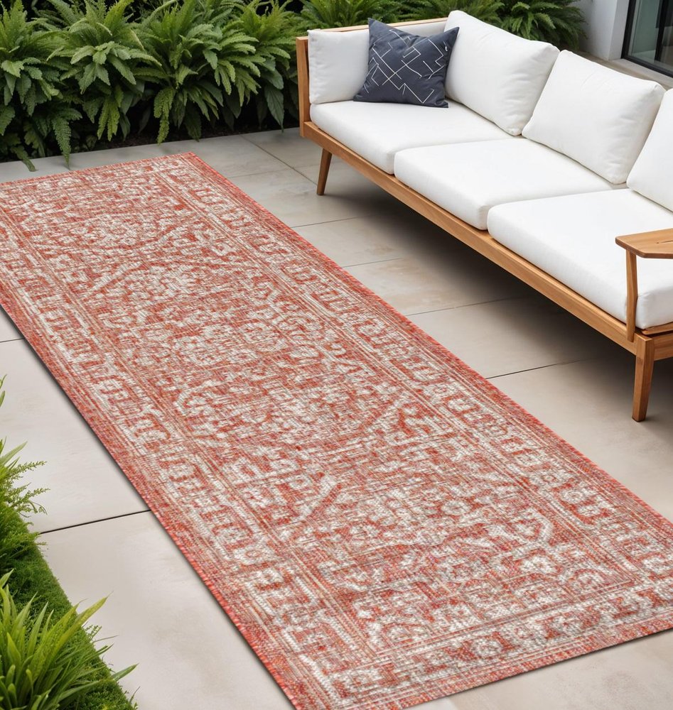 8' Red And Taupe Medallion Indoor Outdoor Runner Rug HomeRoots