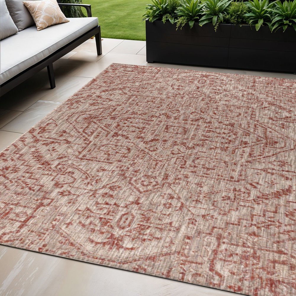 5' X 8' Red And Taupe Medallion Indoor Outdoor Area Rug HomeRoots