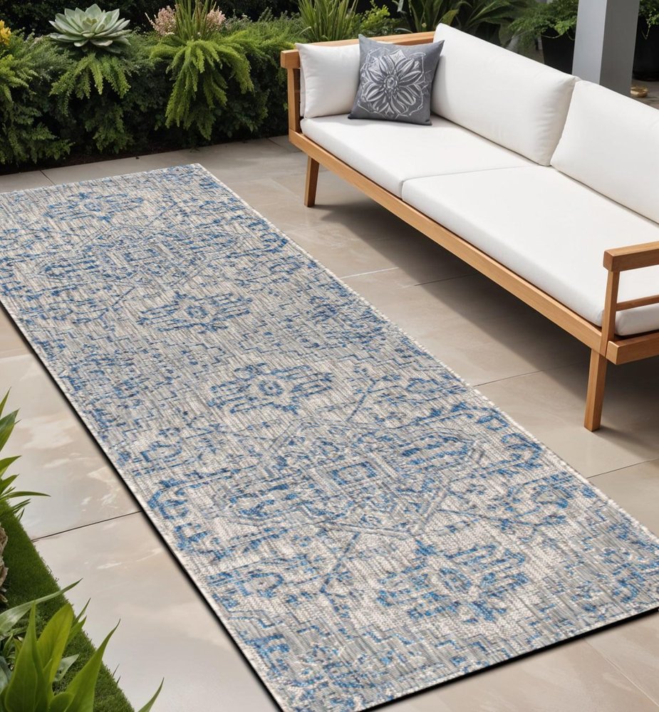 8' Navy Blue And Gray Medallion Indoor Outdoor Runner Rug HomeRoots