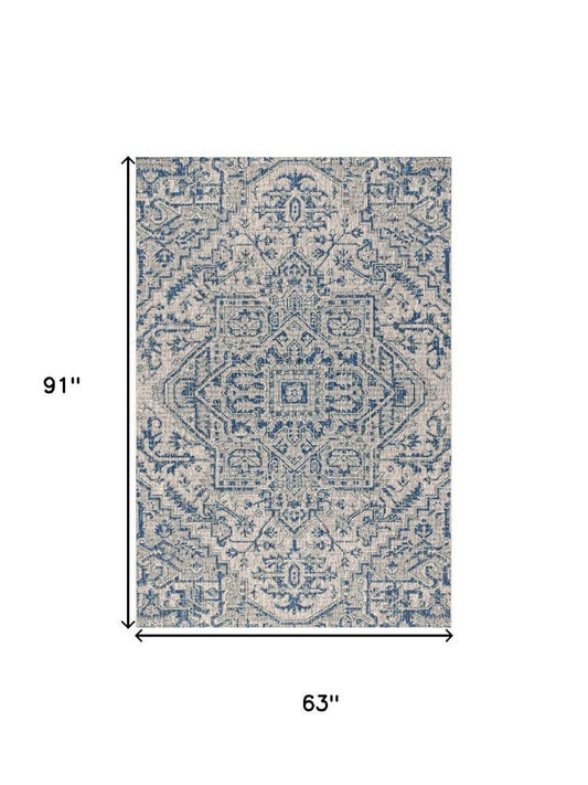 5' X 8' Navy Blue And Gray Medallion Indoor Outdoor Area Rug HomeRoots