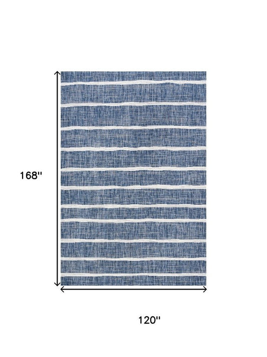 10' X 14' Blue And Ivory Striped Indoor Outdoor Area Rug