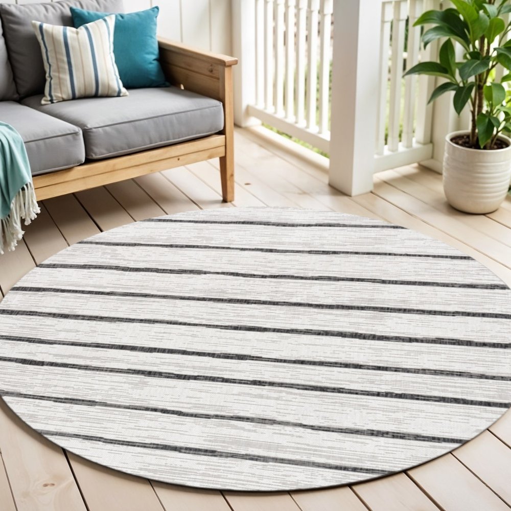 6' Ivory And Black Round Striped Indoor Outdoor Area Rug HomeRoots