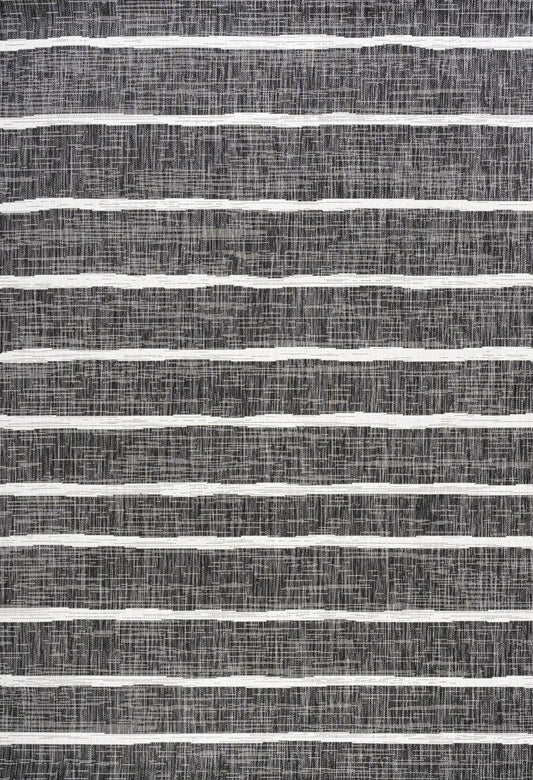 6' X 9' Black And Ivory Striped Indoor Outdoor Area Rug