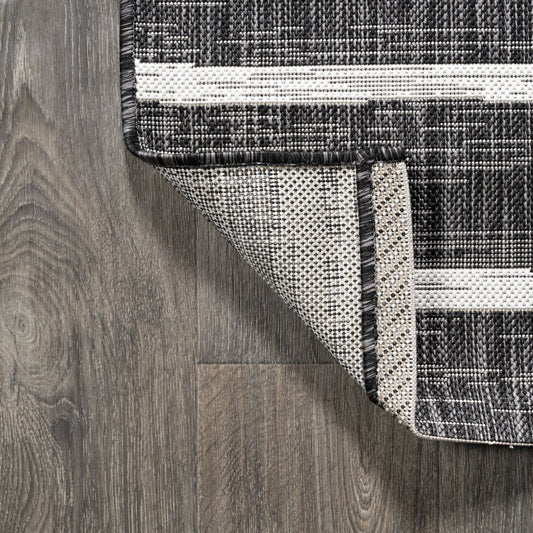 9' Black And Ivory Round Striped Indoor Outdoor Area Rug