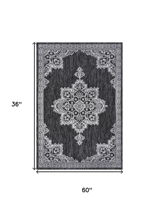 3' X 5' Dark Gray And Cream Medallion Indoor Outdoor Area Rug