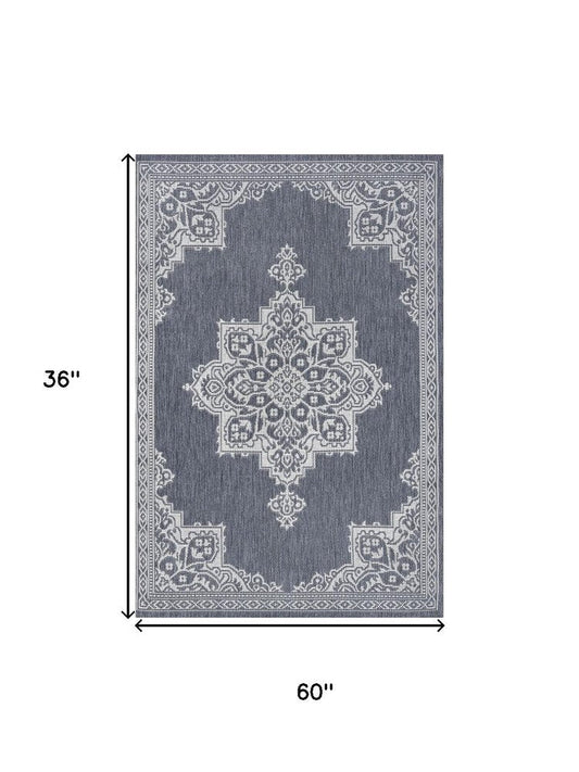 5' X 8' Blue And Cream Medallion Indoor Outdoor Area Rug
