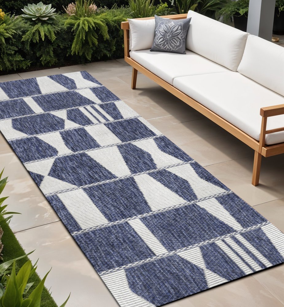 8' Navy Blue And Cream Geometric Indoor Outdoor Runner Rug HomeRoots