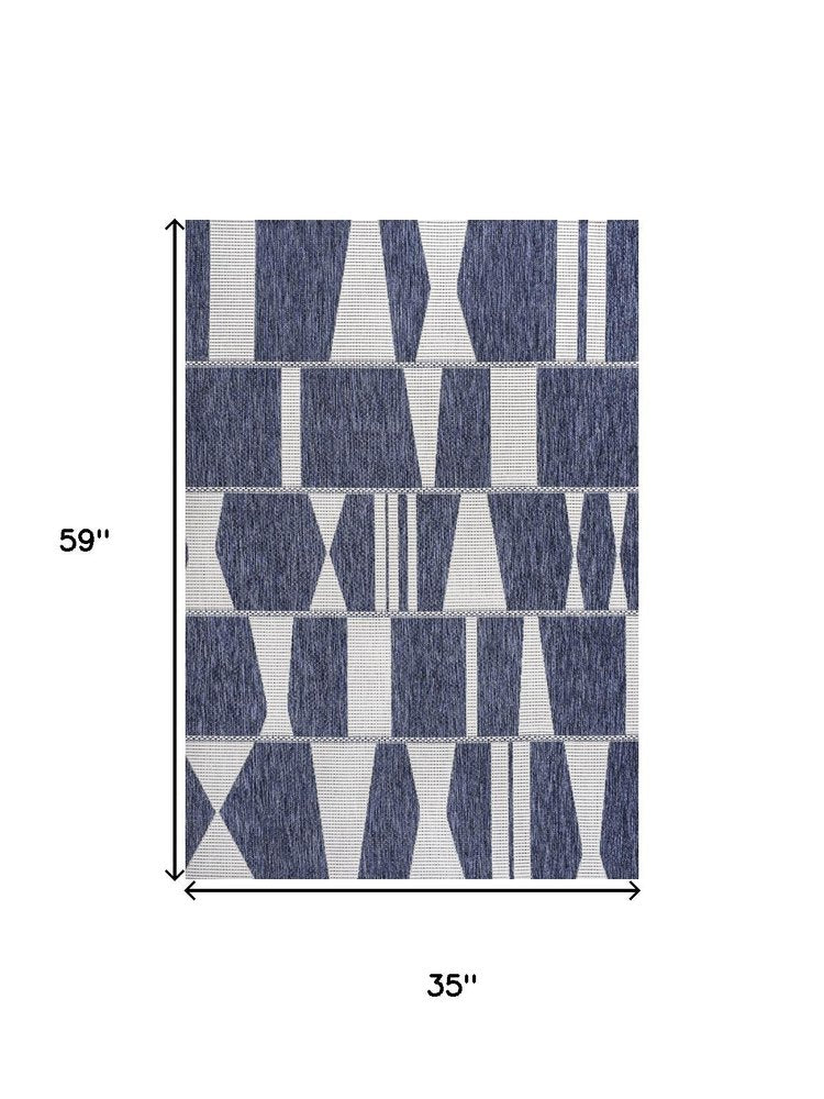 3' X 5' Navy Blue And Cream Geometric Indoor Outdoor Area Rug HomeRoots