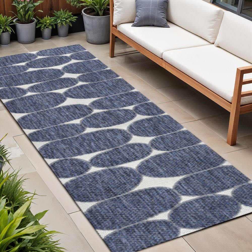 8' Navy Blue And Cream Geometric Indoor Outdoor Runner Rug HomeRoots