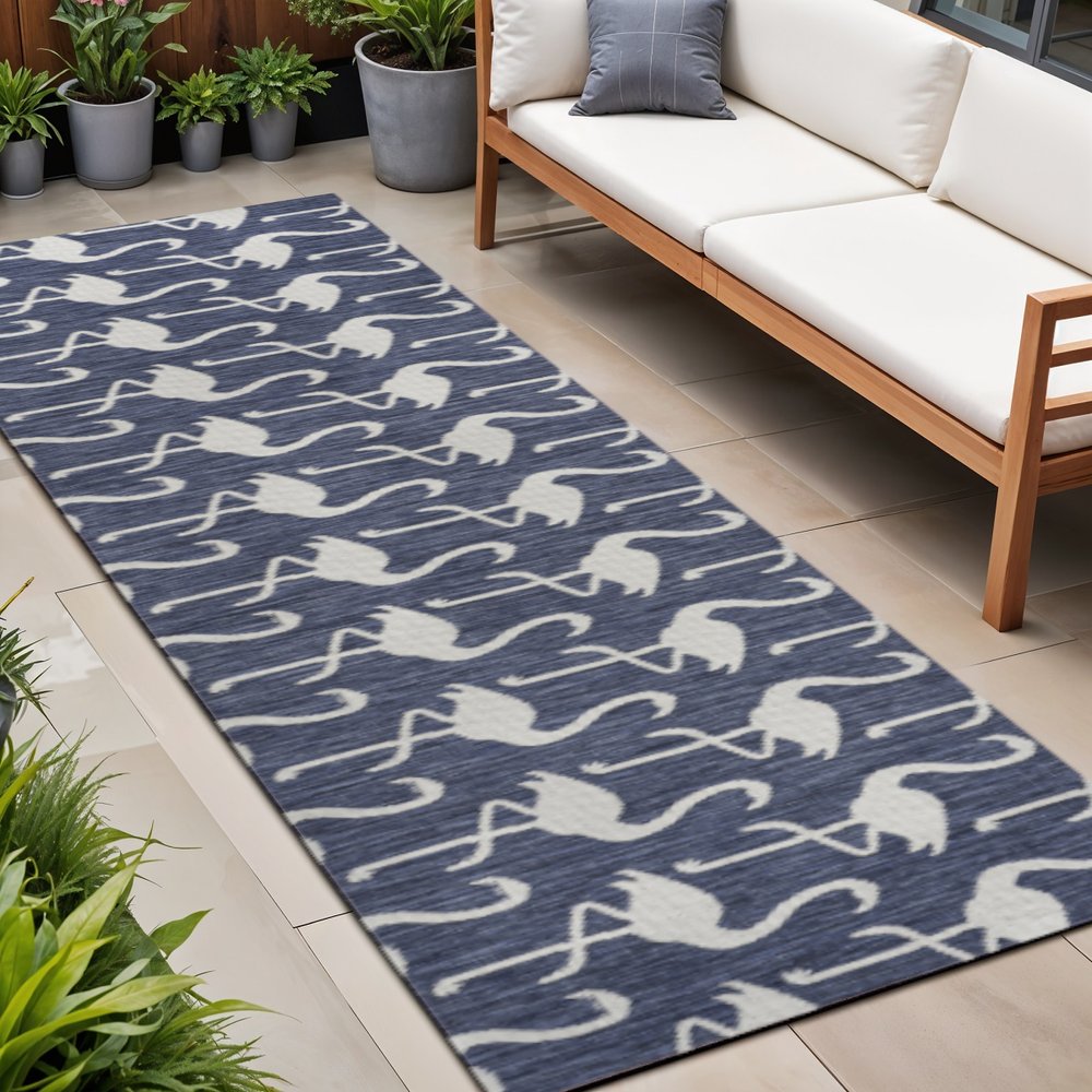 8' Navy Blue And White Animal Print Indoor Outdoor Runner Rug HomeRoots