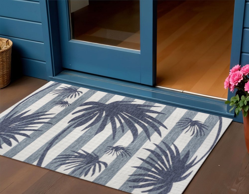 3' X 5' Navy Blue And Cream Floral Indoor Outdoor Area Rug HomeRoots
