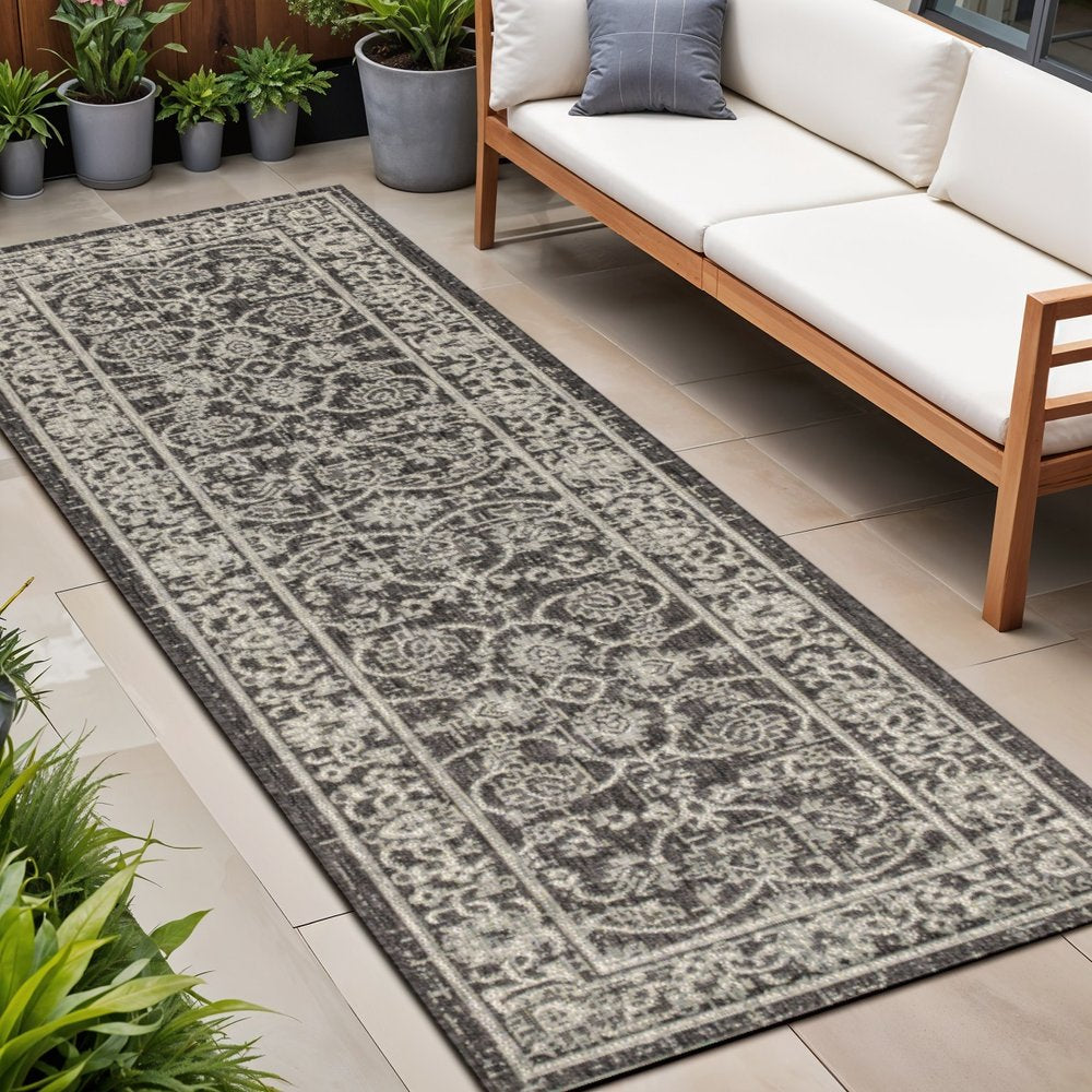 8' Black And Gray Medallion Indoor Outdoor Runner Rug HomeRoots