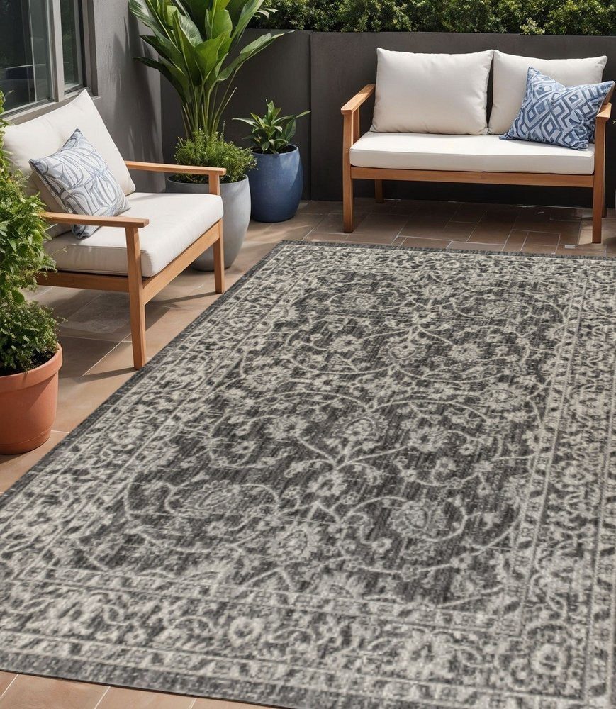 5' X 8' Black And Gray Medallion Indoor Outdoor Area Rug HomeRoots
