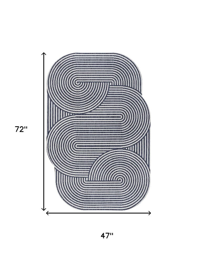 4' X 6' Cream And Navy Blue Abstract Indoor Outdoor Area Rug