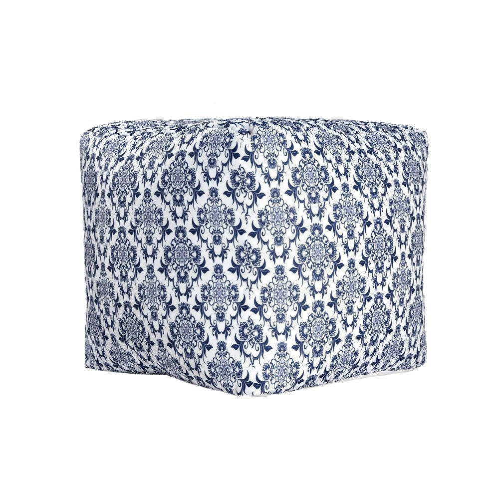 18" Blue and White Cotton Floral Pouf Ottoman HomeRoots