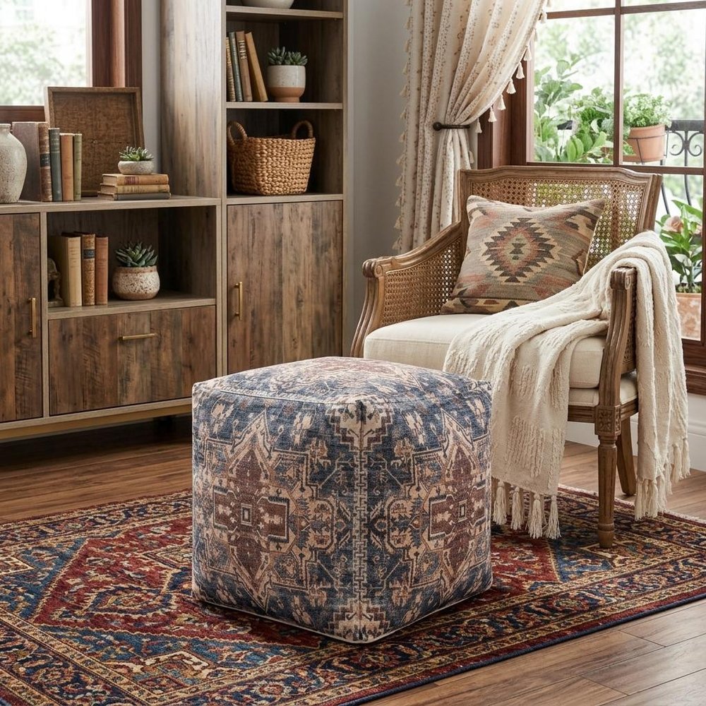 18" Navy Blue and Terra Cotta Upholstered Medallion Pouf Ottoman HomeRoots