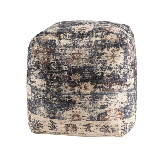 18" Navy Blue and Tan Upholstered Medallion Pouf Ottoman HomeRoots