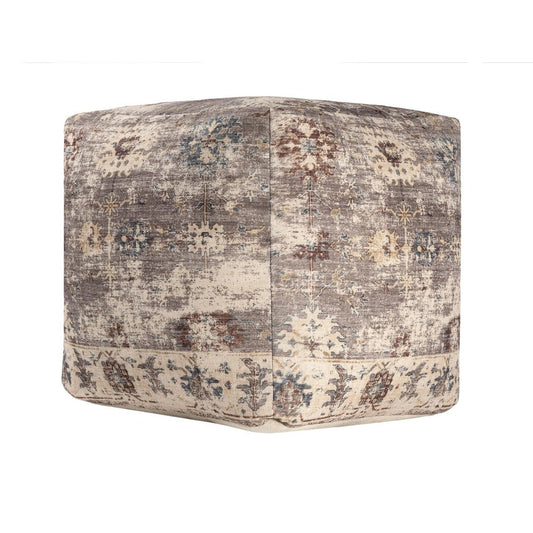 18" Ivory and Taupe Upholstered Medallion Pouf Ottoman HomeRoots