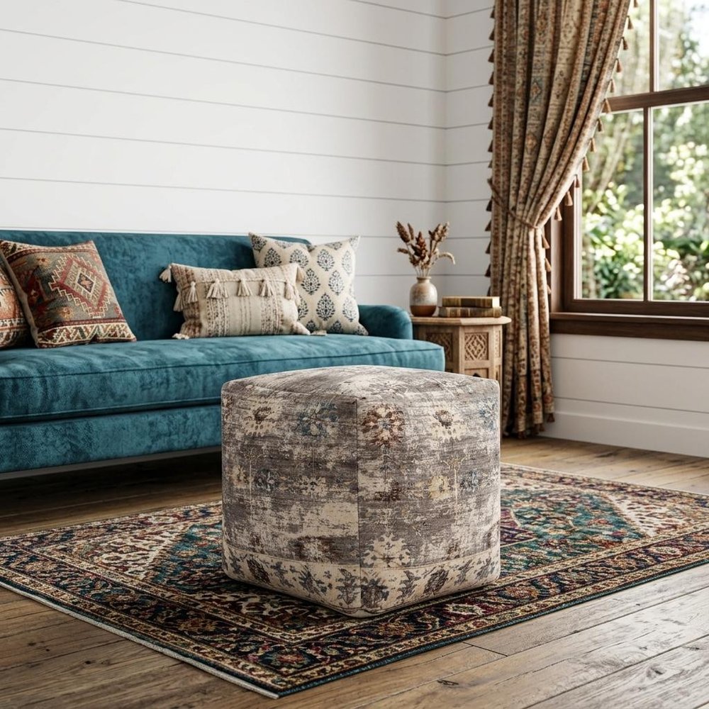 18" Ivory and Taupe Upholstered Medallion Pouf Ottoman HomeRoots