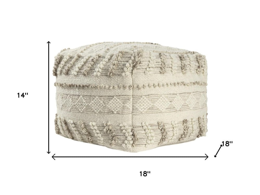 18" Ivory and Natural Cotton And Wool Striped Pouf Ottoman HomeRoots