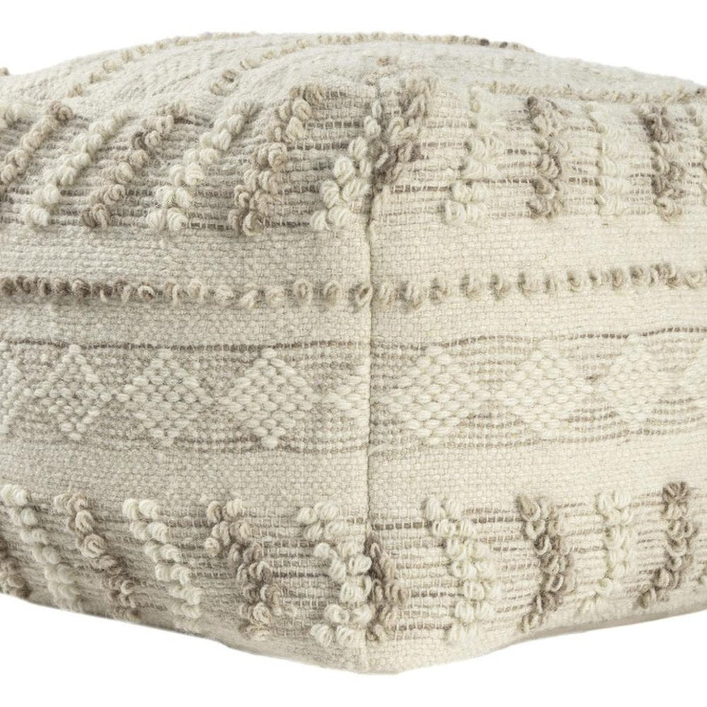 18" Ivory and Natural Cotton And Wool Striped Pouf Ottoman HomeRoots