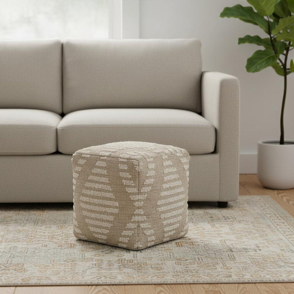18" Ivory and Natural Cotton Jute And Wool Geometric Cube Pouf Ottoman HomeRoots