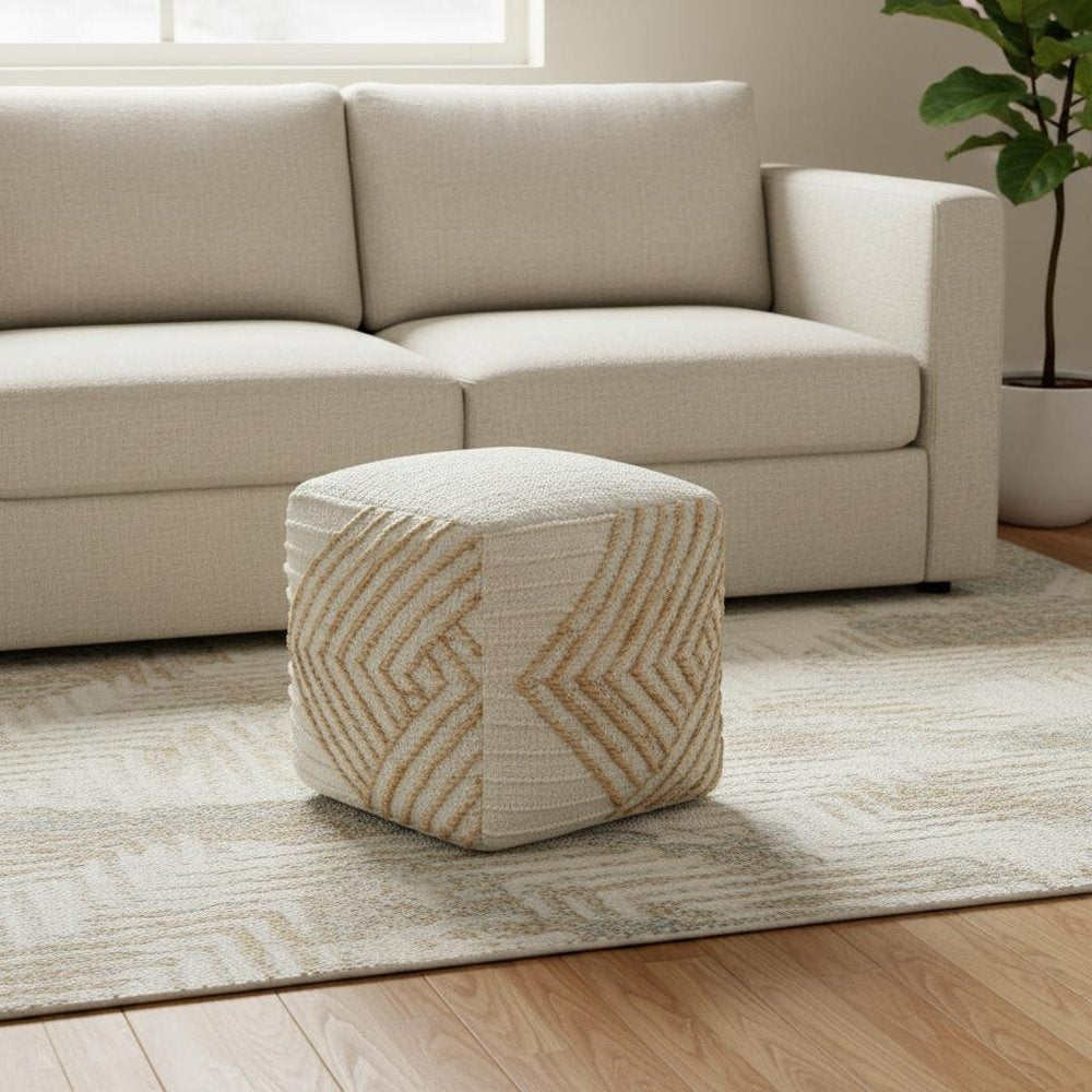 18" Natural and Off White Cotton Jute And Wool Geometric Cube Pouf Ottoman HomeRoots