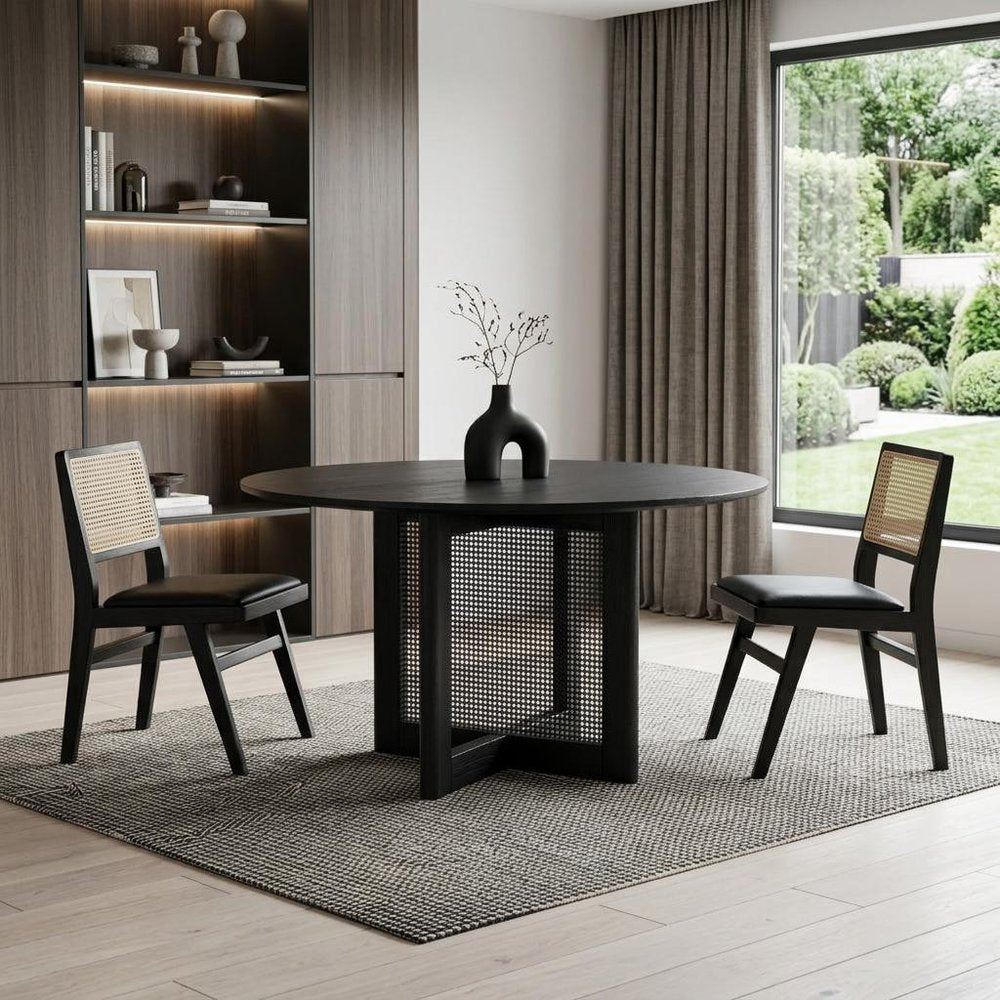 52" Black Solid Wood and Rattan Cross Leg Base Round Top Dining Table HomeRoots