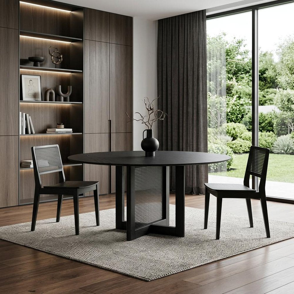 60" Black Solid Wood and Rattan Cross Leg Base Round Top Dining Table HomeRoots