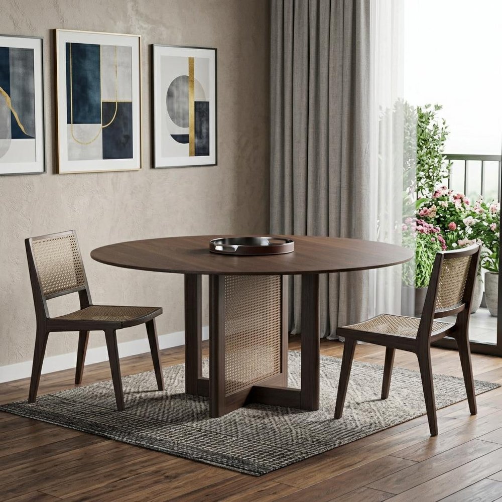 60" Brown Solid Wood and Rattan Cross Leg Base Round Top Dining Table HomeRoots
