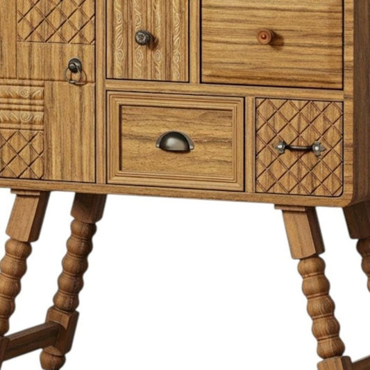 32" Sepia Solid Wood Console Accent Cabinet With Single Door And Four Drawers HomeRoots