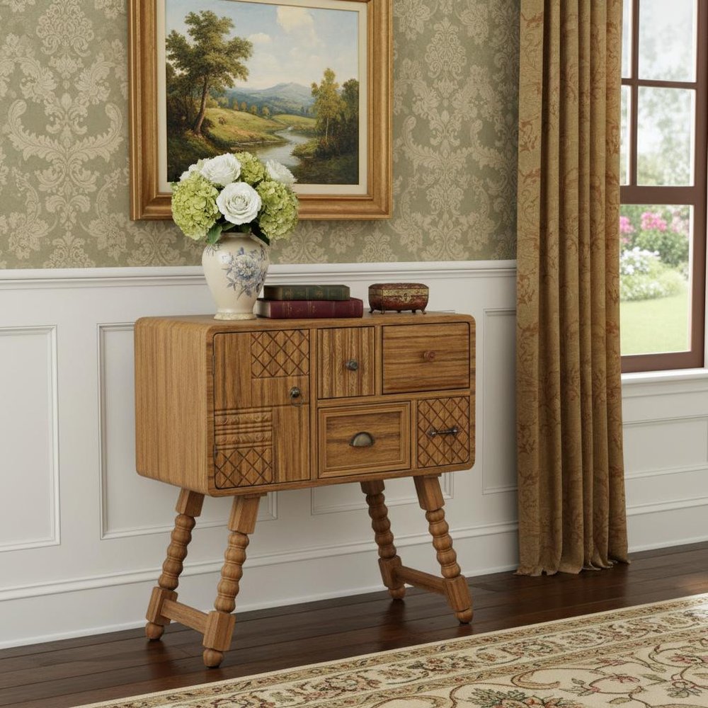 32" Sepia Solid Wood Console Accent Cabinet With Single Door And Four Drawers HomeRoots