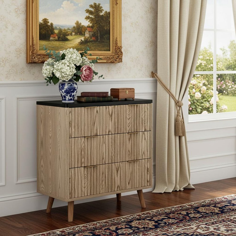 32" Black and Oak Solid Wood Console Accent Cabinet With Three Drawers HomeRoots