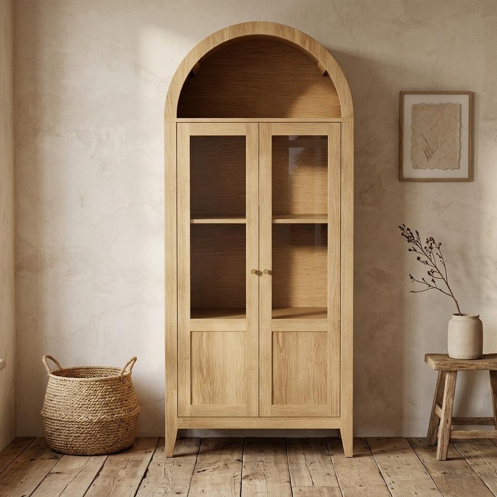 71" Natural Arched Accent Cabinet With Two Glass Panel Doors HomeRoots